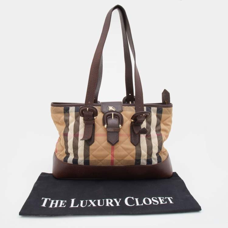 Pre Owned Burberry Beige/Brown Quilted House Check Canvas and Leather Buckle Flap Satchel
