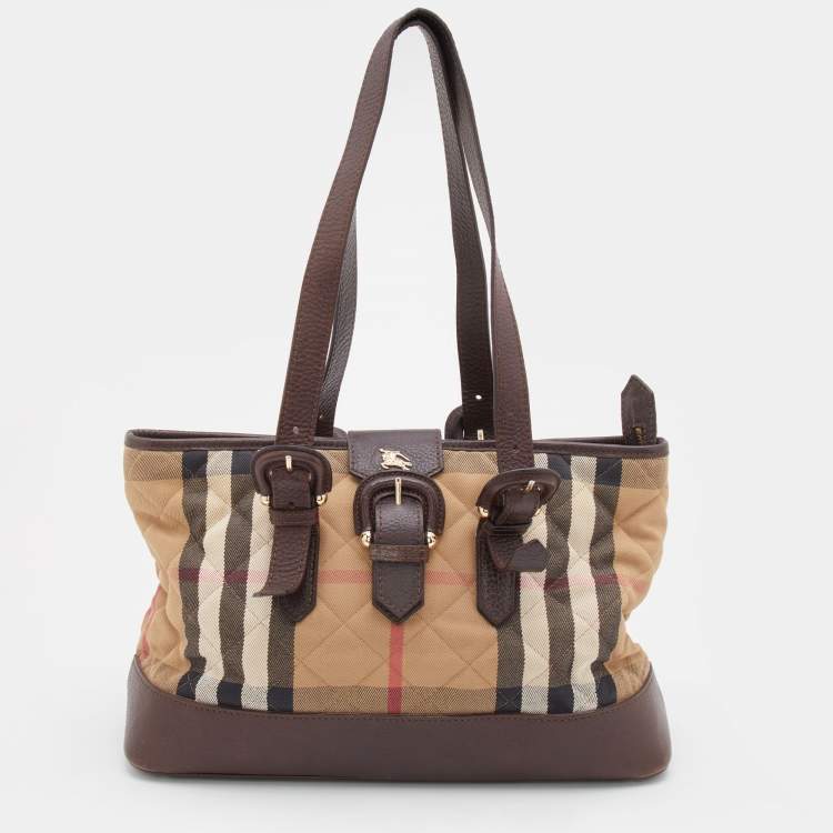 Pre Owned Burberry Beige/Brown Quilted House Check Canvas and Leather Buckle Flap Satchel