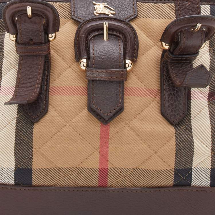 Pre Owned Burberry Beige/Brown Quilted House Check Canvas and Leather Buckle Flap Satchel
