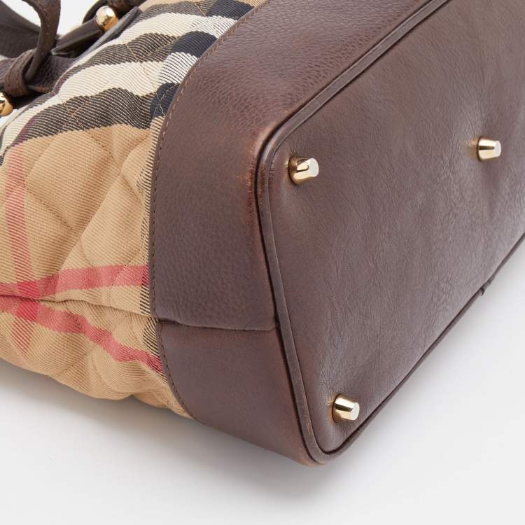 Pre Owned Burberry Beige/Brown Quilted House Check Canvas and Leather Buckle Flap Satchel