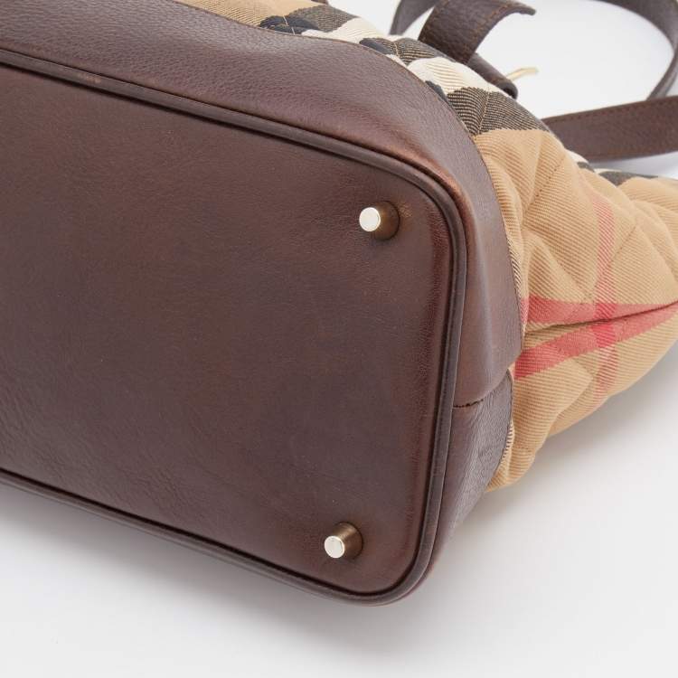 Pre Owned Burberry Beige/Brown Quilted House Check Canvas and Leather Buckle Flap Satchel