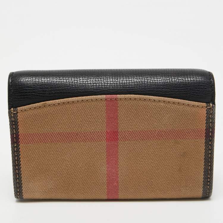 Pre Owned Burberry Beige/Black House Check Canvas and Leather Flap Wallet