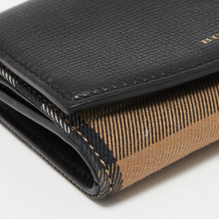 Pre Owned Burberry Beige/Black House Check Canvas and Leather Flap Wallet