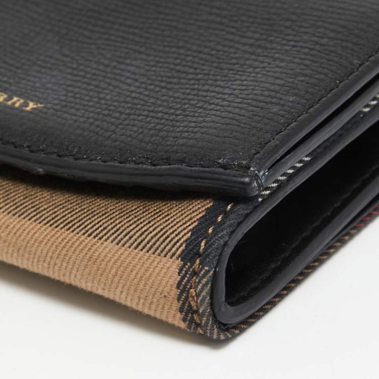 Pre Owned Burberry Beige/Black House Check Canvas and Leather Flap Wallet