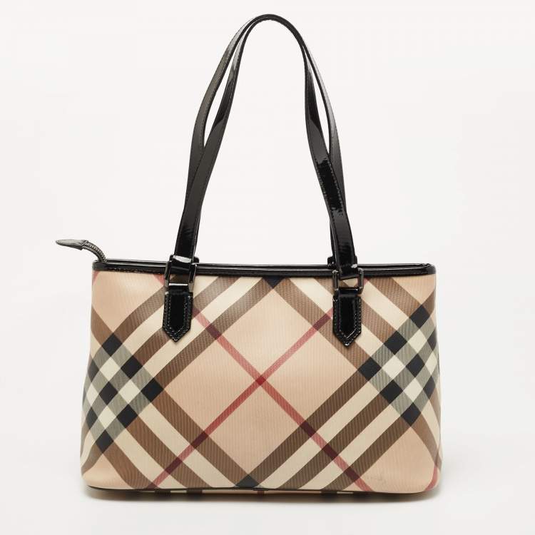 Pre Owned Burberry Black/Beige Nova Check Coated Canvas and Patent Leather Top Zip Tote