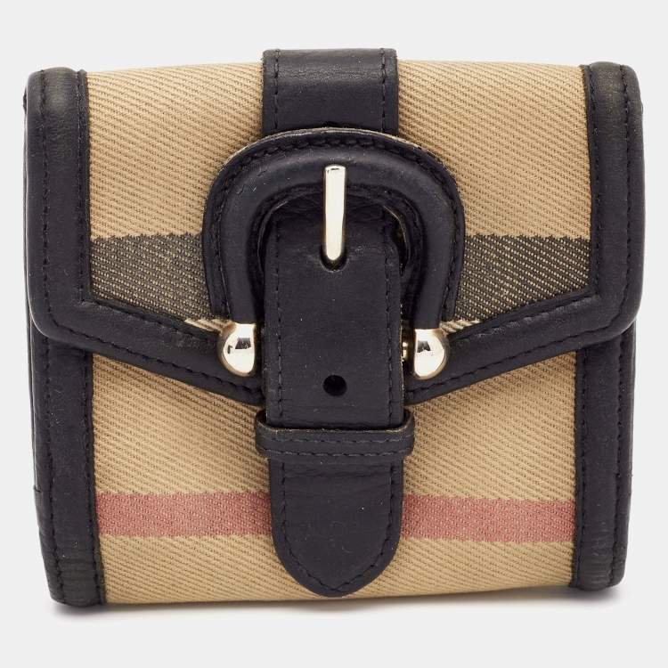 Burberry Beige/Black Nova Check Canvas and Leather Buckle Compact Wallet  Burberry
