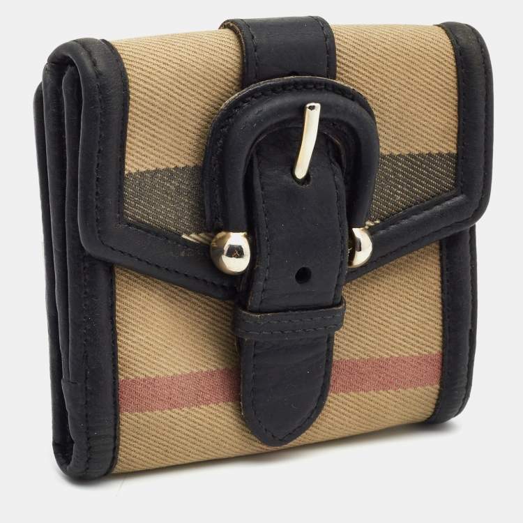 Pre Owned Burberry Beige/Black  Nova Check Canvas and Leather Buckle Compact Wallet