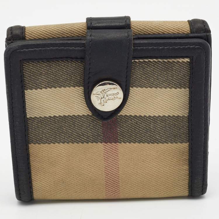 Pre Owned Burberry Beige/Black  Nova Check Canvas and Leather Buckle Compact Wallet