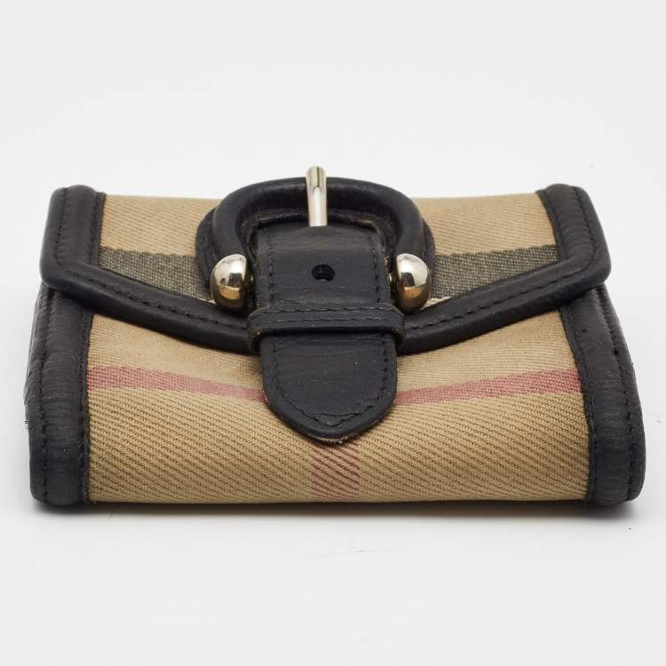 Pre Owned Burberry Beige/Black  Nova Check Canvas and Leather Buckle Compact Wallet