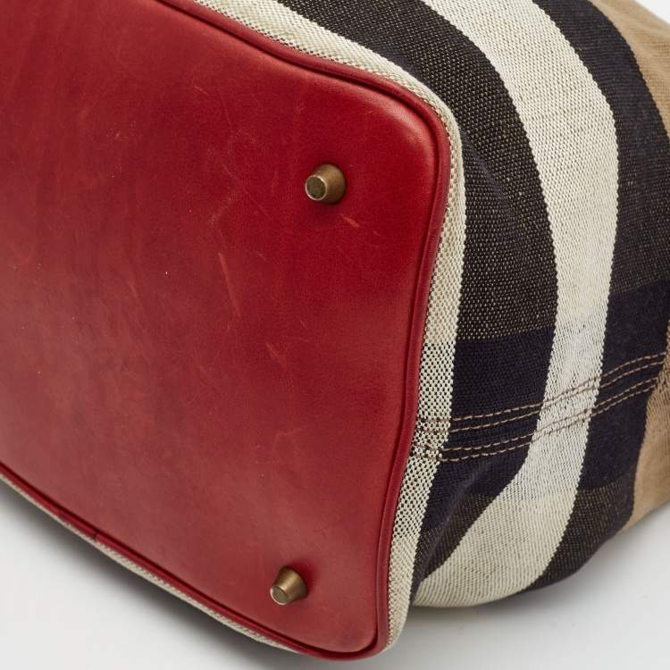 Pre Owned Burberry Red/Beige House Check Canvas and Leather Ashby Bucket Bag
