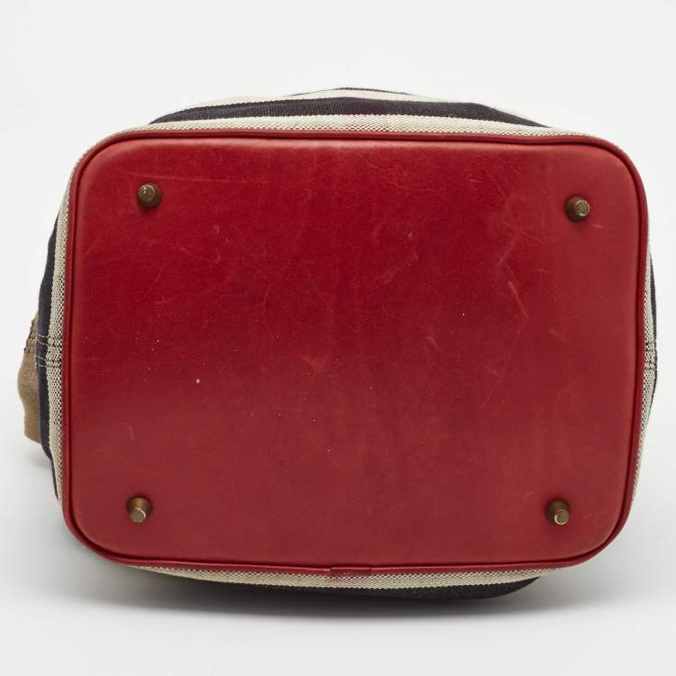 Pre Owned Burberry Red/Beige House Check Canvas and Leather Ashby Bucket Bag