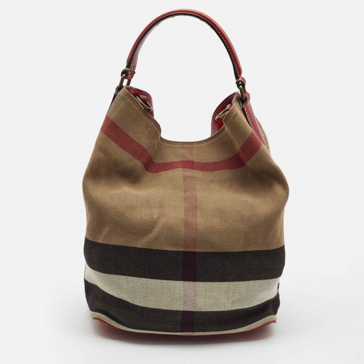 Pre Owned Burberry Red/Beige House Check Canvas and Leather Ashby Bucket Bag