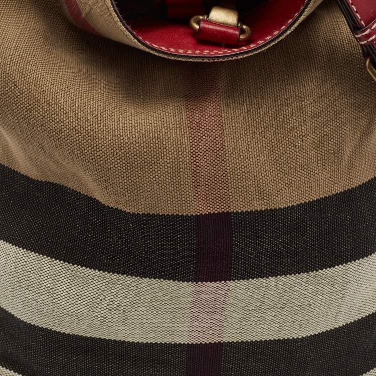 Pre Owned Burberry Red/Beige House Check Canvas and Leather Ashby Bucket Bag