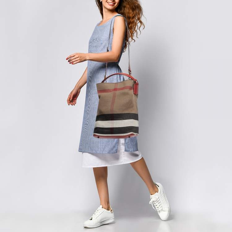 Burberry Red/Beige House Check Canvas and Leather Ashby Bucket Bag Burberry