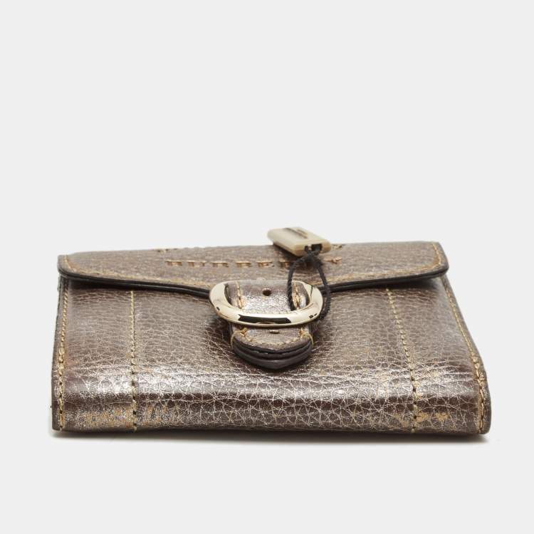 Pre Owned Burberry Metallic Leather Buckle Flap French Wallet