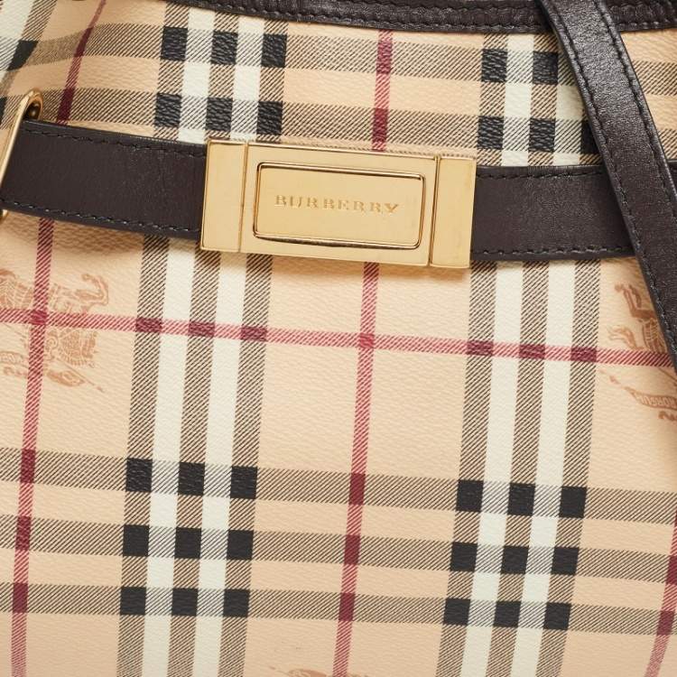 Pre Owned Burberry Beige/Brown Haymarket Check Coated Canvas and Leather Medium Willenmore Hobo