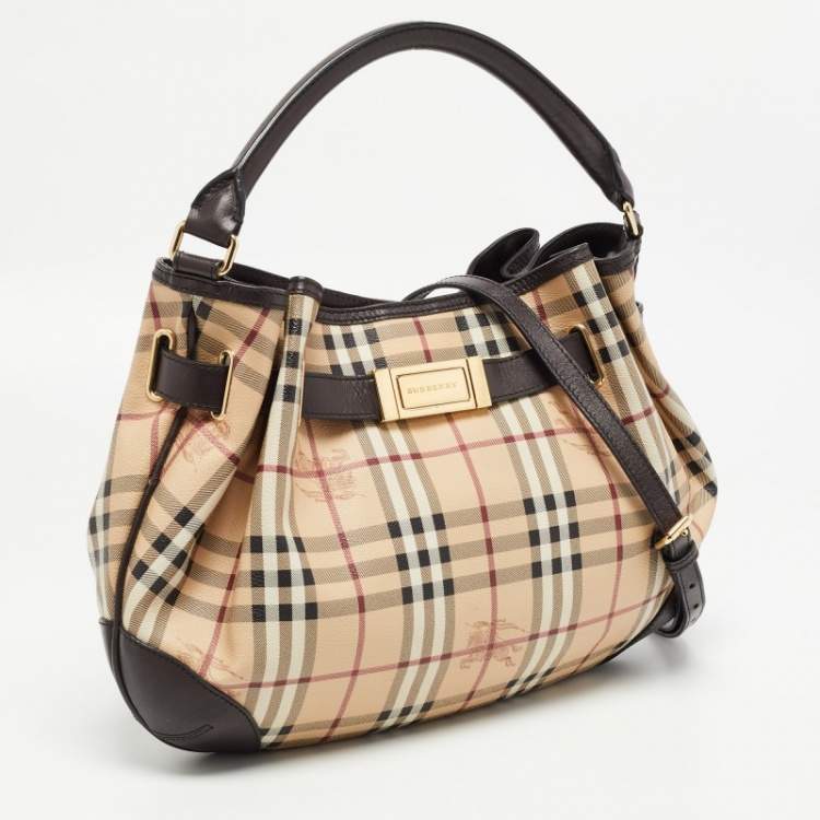 Pre Owned Burberry Beige/Brown Haymarket Check Coated Canvas and Leather Medium Willenmore Hobo