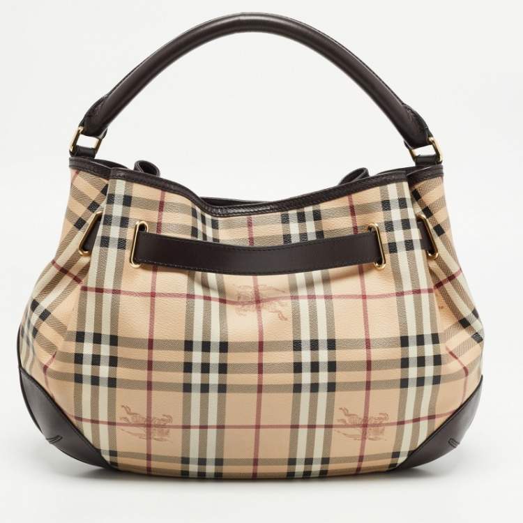 Pre Owned Burberry Beige/Brown Haymarket Check Coated Canvas and Leather Medium Willenmore Hobo