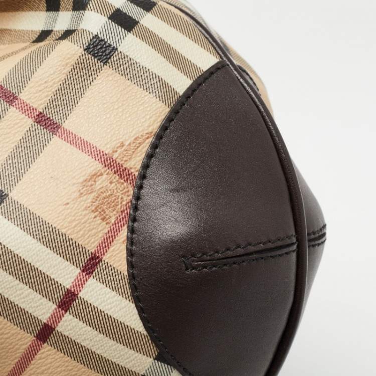 Pre Owned Burberry Beige/Brown Haymarket Check Coated Canvas and Leather Medium Willenmore Hobo