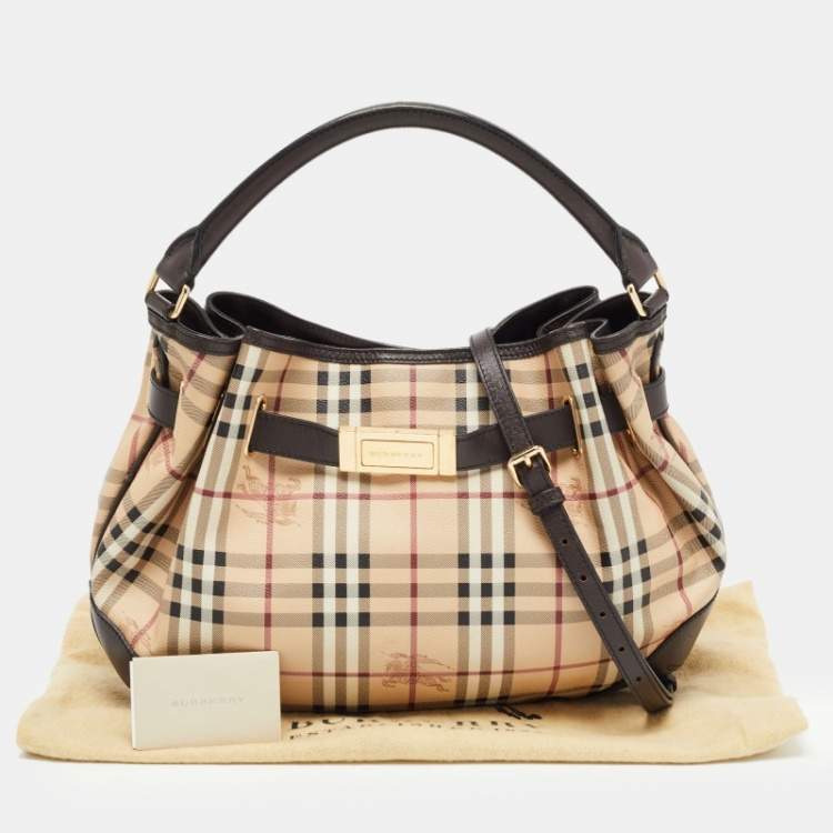 Pre Owned Burberry Beige/Brown Haymarket Check Coated Canvas and Leather Medium Willenmore Hobo