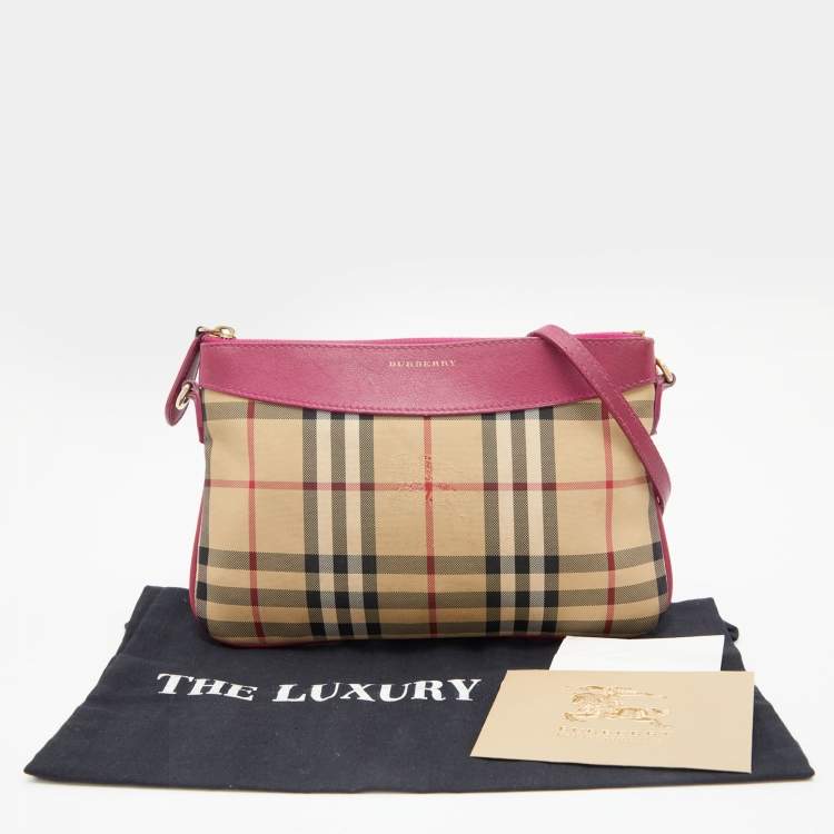 Pre Owned Burberry Beige/Pink Horseferry Check Canvas and Leather Peyton Crossbody Bag