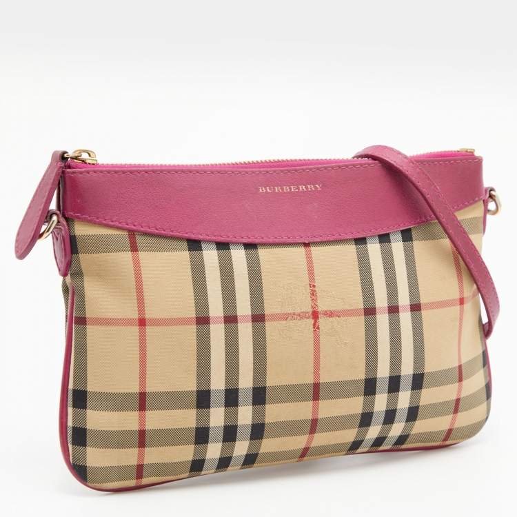 Pre Owned Burberry Beige/Pink Horseferry Check Canvas and Leather Peyton Crossbody Bag