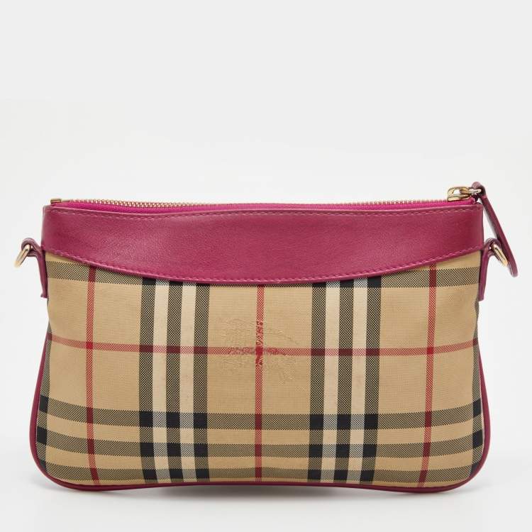 Pre Owned Burberry Beige/Pink Horseferry Check Canvas and Leather Peyton Crossbody Bag