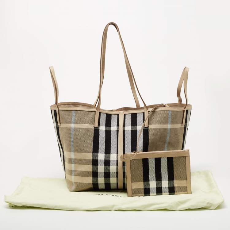 Pre Owned Burberry Beige Vintage Check Canvas and Leather Medium Beach Tote