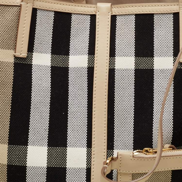 Pre Owned Burberry Beige Vintage Check Canvas and Leather Medium Beach Tote
