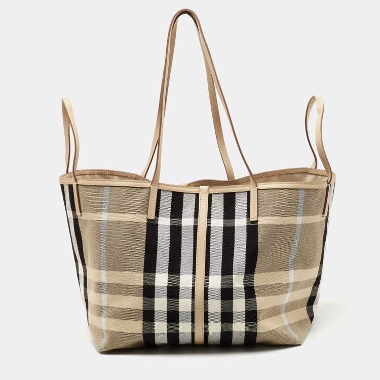 Pre Owned Burberry Beige Vintage Check Canvas and Leather Medium Beach Tote