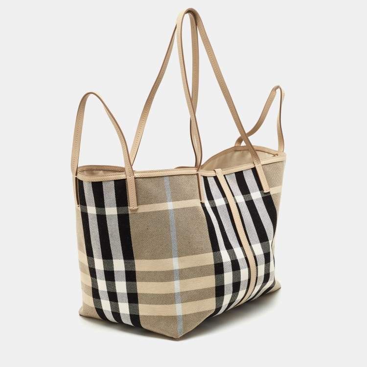 Pre Owned Burberry Beige Vintage Check Canvas and Leather Medium Beach Tote