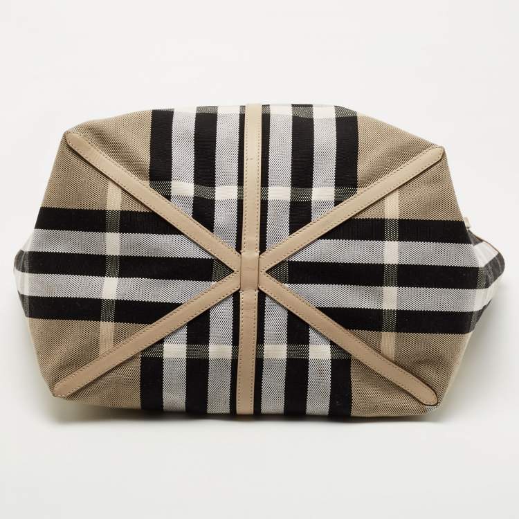 Pre Owned Burberry Beige Vintage Check Canvas and Leather Medium Beach Tote