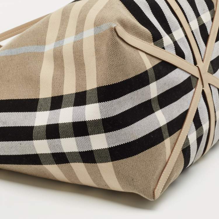 Pre Owned Burberry Beige Vintage Check Canvas and Leather Medium Beach Tote