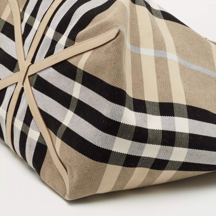 Pre Owned Burberry Beige Vintage Check Canvas and Leather Medium Beach Tote