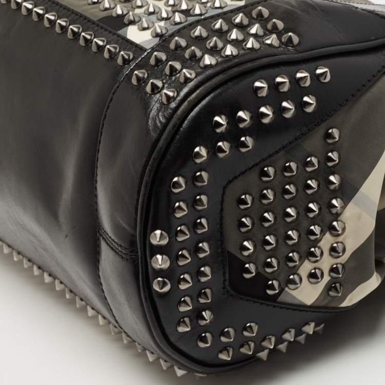 Pre Owned Burberry Black Nova Check Nylon and Leather Studded Satchel