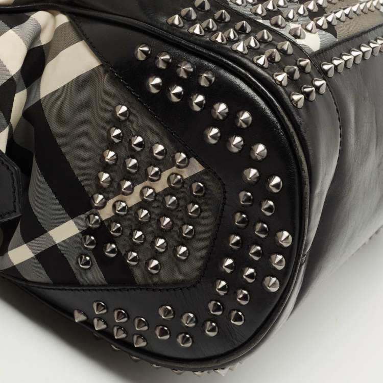 Pre Owned Burberry Black Nova Check Nylon and Leather Studded Satchel