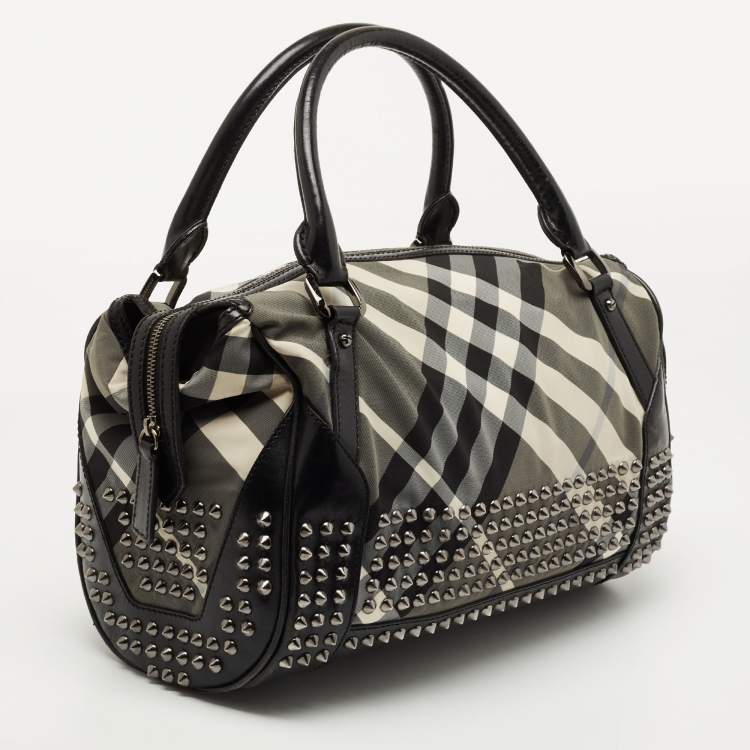 Pre Owned Burberry Black Nova Check Nylon and Leather Studded Satchel