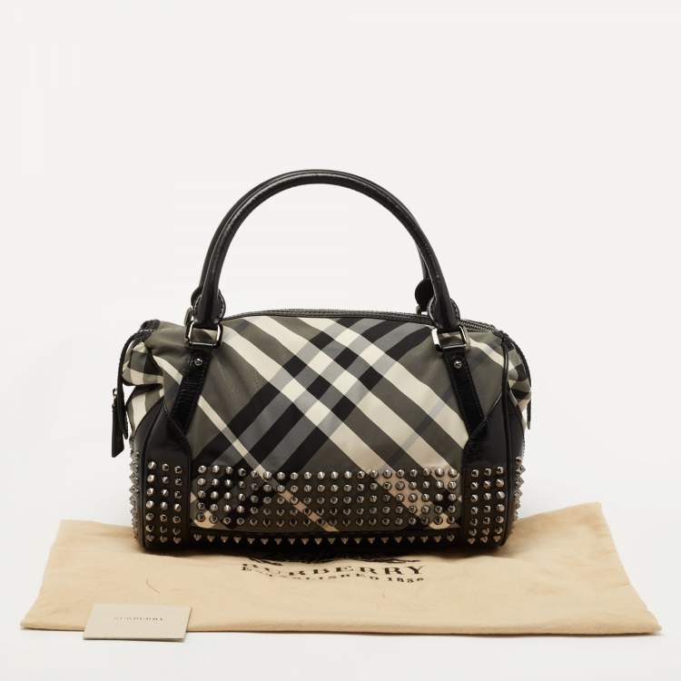 Pre Owned Burberry Black Nova Check Nylon and Leather Studded Satchel