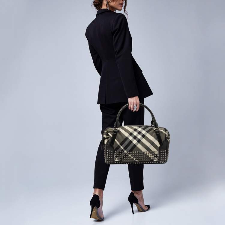 Pre Owned Burberry Black Nova Check Nylon and Leather Studded Satchel