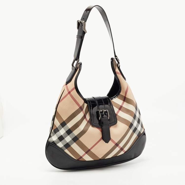 Pre Owned Burberry Black/Beige Nova Check PVC and Patent Leather Brooke Hobo