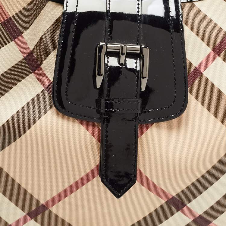 Pre Owned Burberry Black/Beige Nova Check PVC and Patent Leather Brooke Hobo