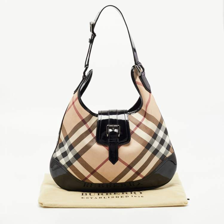 Pre Owned Burberry Black/Beige Nova Check PVC and Patent Leather Brooke Hobo