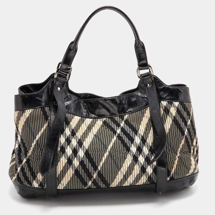 Pre Owned Burberry Black/Grey Beat Check Nylon and Patent Leather Lowry Tote