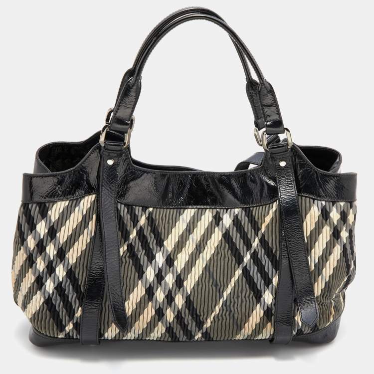 Pre Owned Burberry Black/Grey Beat Check Nylon and Patent Leather Lowry Tote