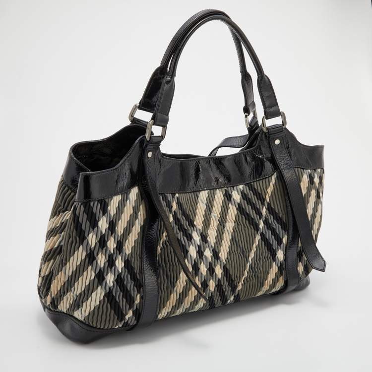 Pre Owned Burberry Black/Grey Beat Check Nylon and Patent Leather Lowry Tote