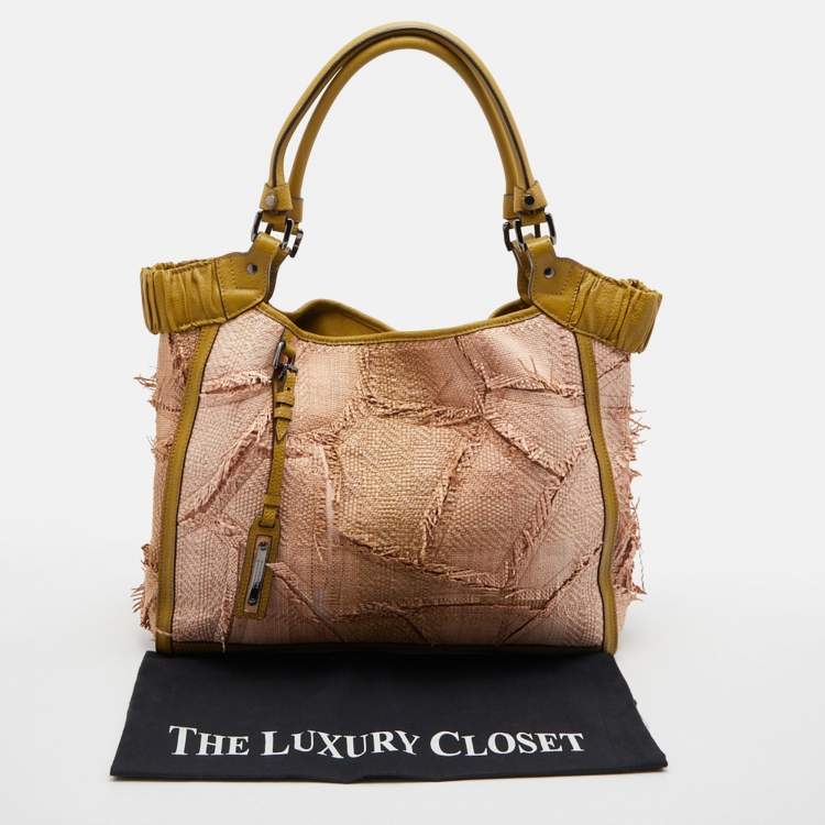 Pre Owned Burberry Beige/Green Raffia and Leather Covington Shopper Tote