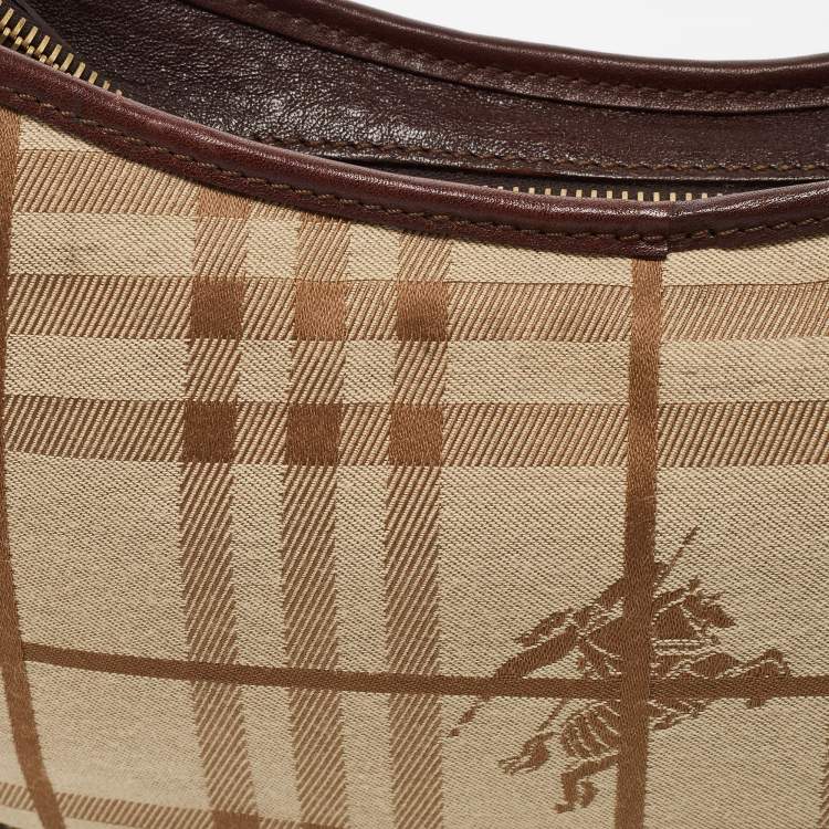 Pre Owned Burberry Burgundy/Beige Haymarket Check Fabric Hobo