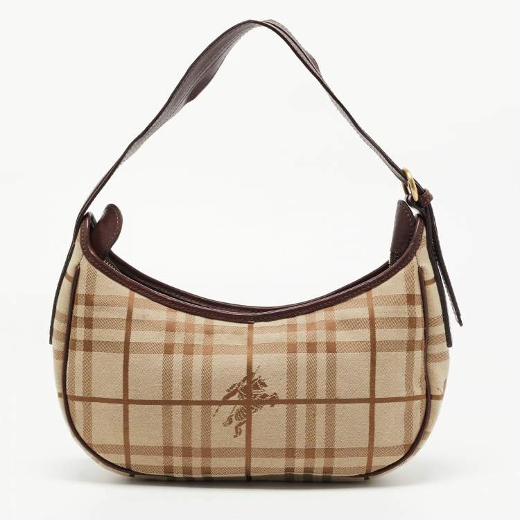 Pre Owned Burberry Burgundy/Beige Haymarket Check Fabric Hobo