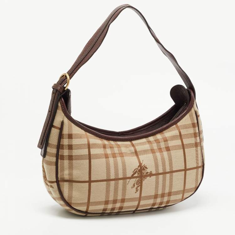 Pre Owned Burberry Burgundy/Beige Haymarket Check Fabric Hobo