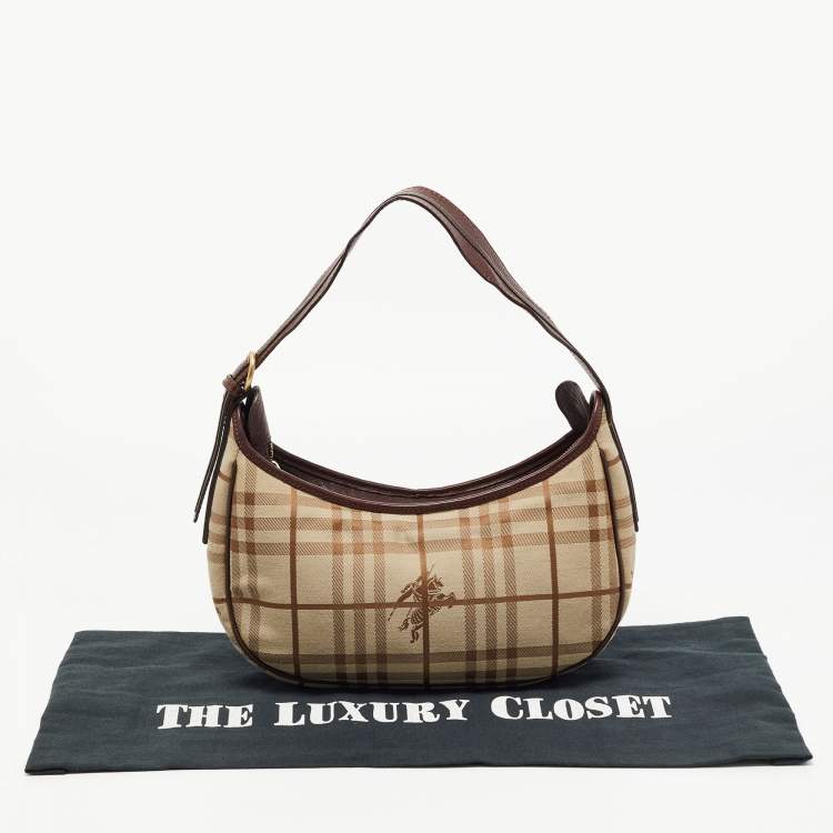 Pre Owned Burberry Burgundy/Beige Haymarket Check Fabric Hobo